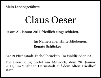 Traueranzeige von Claus Oeser von Darmstädter Echo, Odenwälder Echo, Rüsselsheimer Echo, Groß-Gerauer-Echo, Ried Echo