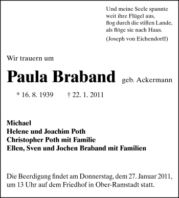 Traueranzeige von Paula Braband von Darmstädter Echo, Odenwälder Echo, Rüsselsheimer Echo, Groß-Gerauer-Echo, Ried Echo