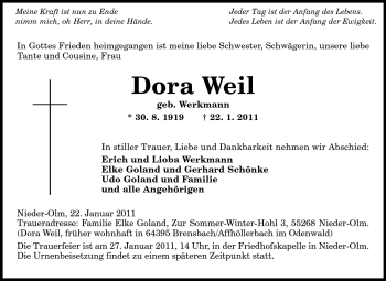 Traueranzeige von Dora Weil von Odenwälder Echo