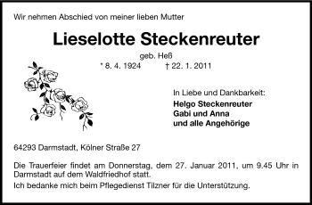 Traueranzeige von Lieselotte Steckenreuter von Darmstädter Echo, Odenwälder Echo, Rüsselsheimer Echo, Groß-Gerauer-Echo, Ried Echo