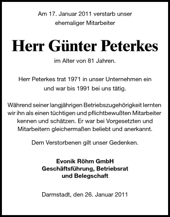 Traueranzeige von Günter Peterkes von Darmstädter Echo, Odenwälder Echo, Rüsselsheimer Echo, Groß-Gerauer-Echo, Ried Echo