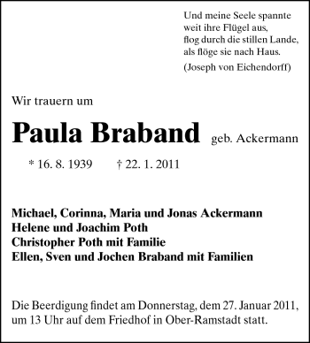 Traueranzeige von Paula Braband von Darmstädter Echo, Odenwälder Echo, Rüsselsheimer Echo, Groß-Gerauer-Echo, Ried Echo