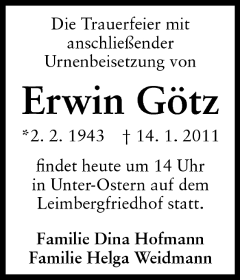 Traueranzeige von Erwin Götz von Odenwälder Echo
