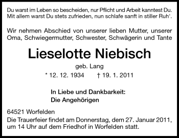 Traueranzeige von Lieselotte Niebisch von Rüsselsheimer Echo, Groß-Gerauer-Echo, Ried Echo