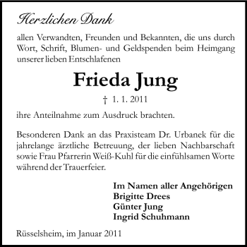 Traueranzeige von Frieda Jung von Rüsselsheimer Echo, Groß-Gerauer-Echo, Ried Echo