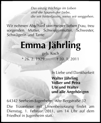 Traueranzeige von Emma Jährling von Echo-Zeitungen (Gesamtausgabe)