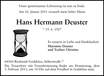 Traueranzeige von Hans Hermann Deuster von Rüsselsheimer Echo, Groß-Gerauer-Echo, Ried Echo