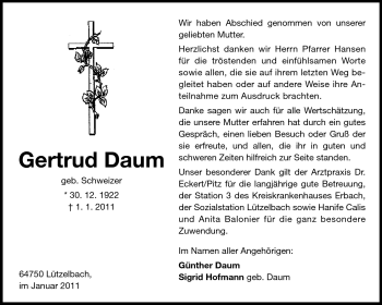 Traueranzeige von Gertrud Daum von Odenwälder Echo