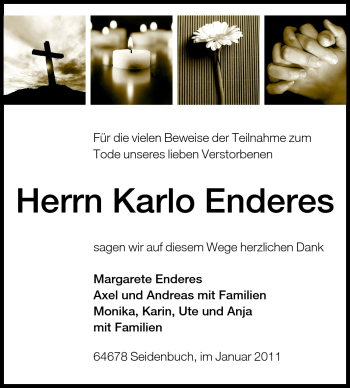 Traueranzeige von Karlo Enderes von Darmstädter Echo, Odenwälder Echo, Rüsselsheimer Echo, Groß-Gerauer-Echo, Ried Echo