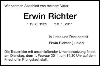 Traueranzeige von Erwin Richter von Darmstädter Echo, Odenwälder Echo, Rüsselsheimer Echo, Groß-Gerauer-Echo, Ried Echo