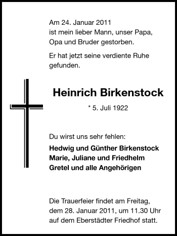 Traueranzeige von Heinrich Birkenstock von Echo-Zeitungen (Gesamtausgabe)