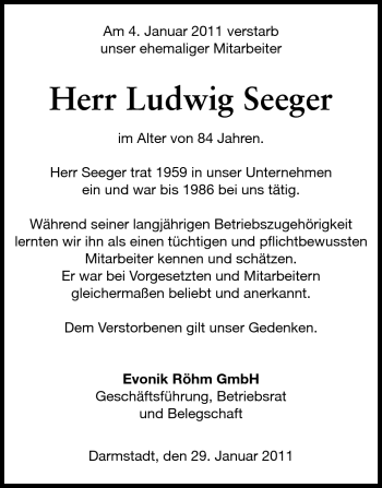Traueranzeige von Ludwig Seeger von Echo-Zeitungen (Gesamtausgabe)