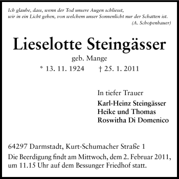 Traueranzeige von Lieselotte Steingässer von Darmstädter Echo, Odenwälder Echo, Rüsselsheimer Echo, Groß-Gerauer-Echo, Ried Echo