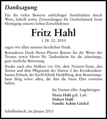 Traueranzeige von Fritz Hahl von Odenwälder Echo