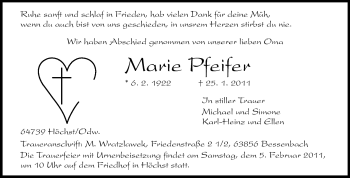 Traueranzeige von Marie Pfeifer von Odenwälder Echo