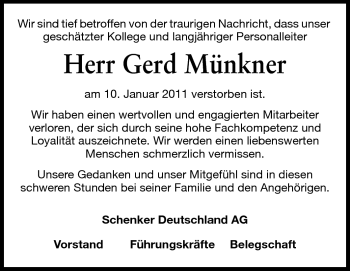 Traueranzeige von Gerd Münkner von Rüsselsheimer Echo, Groß-Gerauer-Echo, Ried Echo