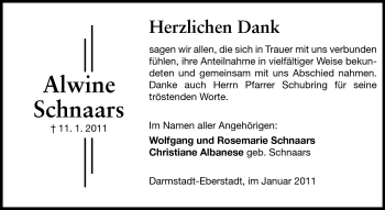 Traueranzeige von Alwine Schnaars von Echo-Zeitungen (Gesamtausgabe)