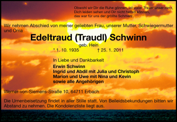 Traueranzeige von Edeltraud Schwinn von Odenwälder Echo