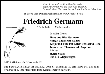 Traueranzeige von Friedrich Germann von Odenwälder Echo