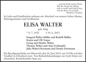 Traueranzeige von Elisa Walter von Starkenburger Echo