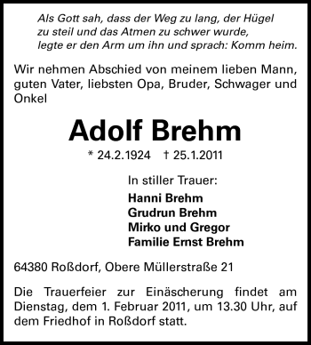 Traueranzeige von Adolf Brehm von Echo-Zeitungen (Gesamtausgabe)