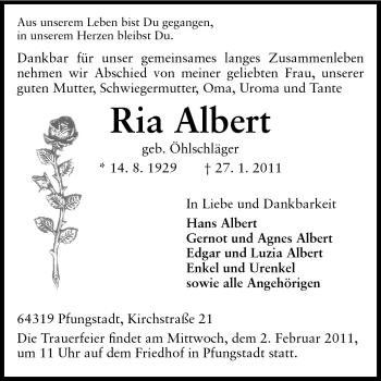 Traueranzeige von Ria Albert von Echo-Zeitungen (Gesamtausgabe)