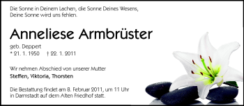Traueranzeige von Anneliese Armbrüster von Darmstädter Echo, Odenwälder Echo, Rüsselsheimer Echo, Groß-Gerauer-Echo, Ried Echo
