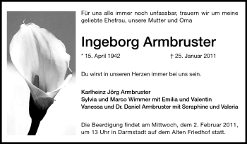Traueranzeige von Ingeborg Armbruster von Darmstädter Echo, Odenwälder Echo, Rüsselsheimer Echo, Groß-Gerauer-Echo, Ried Echo