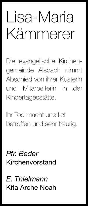 Traueranzeige von Lisa-Maria Kämmerer von Echo-Zeitungen (Gesamtausgabe)