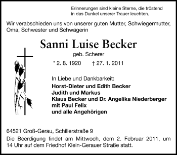 Traueranzeige von Sanni Luise Becker von Rüsselsheimer Echo, Groß-Gerauer-Echo, Ried Echo