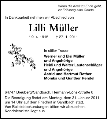 Traueranzeige von Lilli Müller  von Odenwälder Echo