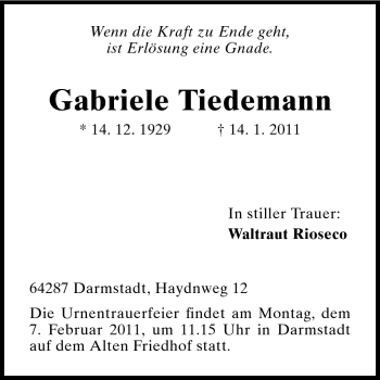 Traueranzeige von Gabriele Tiedemann von Darmstädter Echo, Odenwälder Echo, Rüsselsheimer Echo, Groß-Gerauer-Echo, Ried Echo