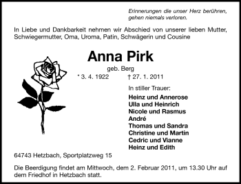 Traueranzeige von Anna Pirk von Odenwälder Echo