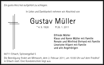 Traueranzeige von Gustav Müller von Odenwälder Echo