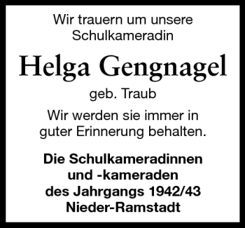 Traueranzeige von Helga Gengnagel von Echo-Zeitungen (Gesamtausgabe)