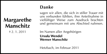 Traueranzeige von Margarethe Manschitz von Odenwälder Echo