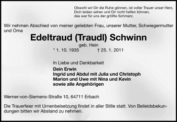 Traueranzeige von Edeltraud Schwinn von Odenwälder Echo