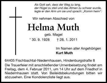 Traueranzeige von Helma Muth von Darmstädter Echo, Odenwälder Echo, Rüsselsheimer Echo, Groß-Gerauer-Echo, Ried Echo