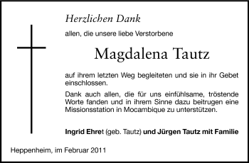 Traueranzeige von Magdalena Tautz von Starkenburger Echo