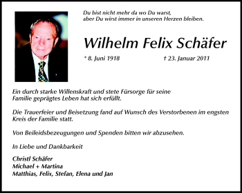 Traueranzeige von Wilhelm Felix Schäfer von Starkenburger Echo, Bergsträßer Anzeiger