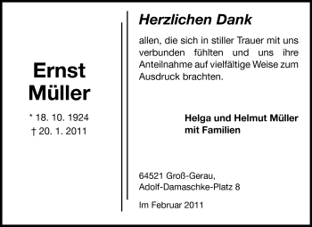 Traueranzeige von Ernst Müller von Rüsselsheimer Echo, Groß-Gerauer-Echo, Ried Echo