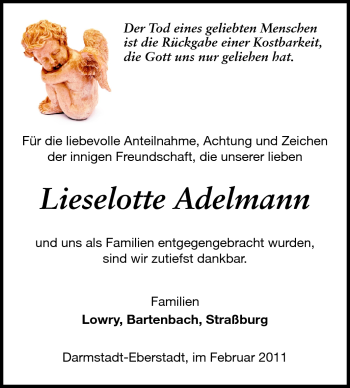 Traueranzeige von Lieselotte Adelmann von Darmstädter Echo, Odenwälder Echo, Rüsselsheimer Echo, Groß-Gerauer-Echo, Ried Echo