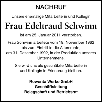 Traueranzeige von Edeltraud Schwinn von Odenwälder Echo