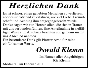 Traueranzeige von Oswald Klemm von Echo-Zeitungen (Gesamtausgabe)