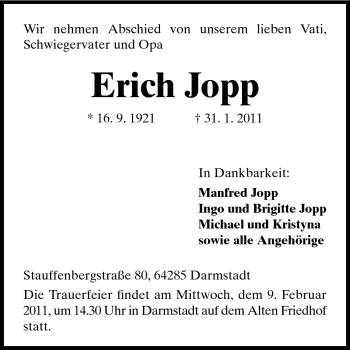 Traueranzeige von Erich Jopp von Darmstädter Echo, Odenwälder Echo, Rüsselsheimer Echo, Groß-Gerauer-Echo, Ried Echo