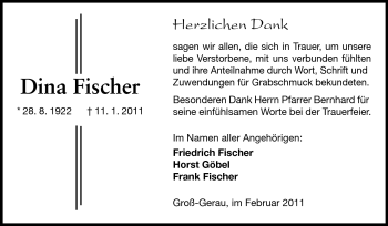 Traueranzeige von Dina Fischer von Rüsselsheimer Echo, Groß-Gerauer-Echo, Ried Echo