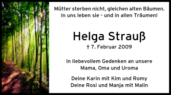 Traueranzeige von Helga Strauß von Rüsselsheimer Echo, Groß-Gerauer-Echo, Ried Echo