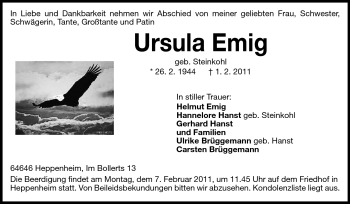 Traueranzeige von Ursula Emig von Starkenburger Echo