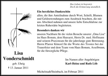 Traueranzeige von Lisa Vonderschmidt von Odenwälder Echo