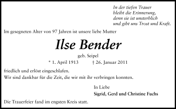 Traueranzeige von Ilse Bender von Echo-Zeitungen (Gesamtausgabe)